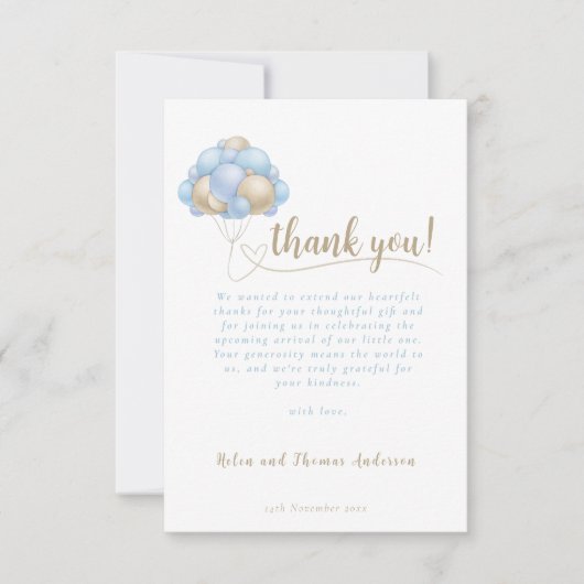 Elegant Boho Blue Balloon Baby Shower Dankeskarte (Vorderseite)