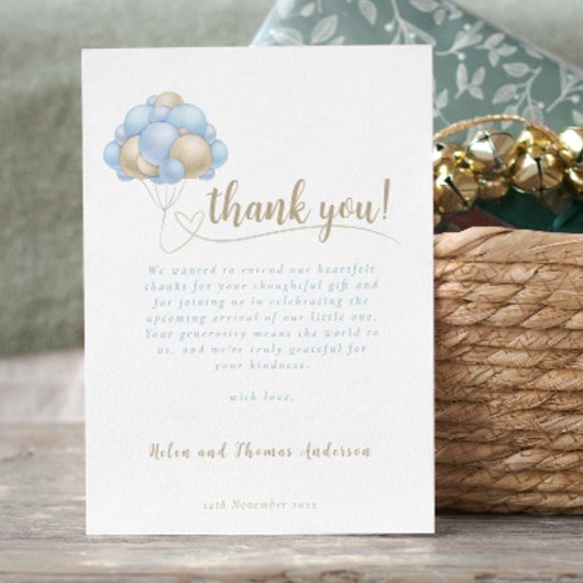 Elegant Boho Blue Balloon Baby Shower Dankeskarte