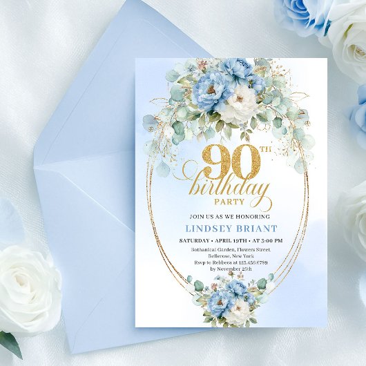Elegant Boho Blue Floral 90th Birthday Invitation Einladung