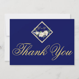 Elegant Boho Blue Floral Gold Wedding Monogram Dankeskarte