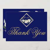 Elegant Boho Blue Floral Gold Wedding Monogram Dankeskarte (Vorne/Hinten)