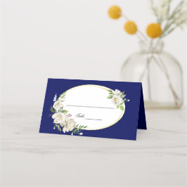 Elegant Boho Blue Floral Gold Wedding Monogram Platzkarte