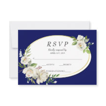 Elegant Boho Blue Floral Gold Wedding RSVP