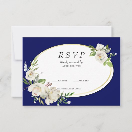 Elegant Boho Blue Floral Gold Wedding RSVP (Vorderseite)