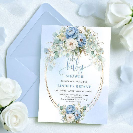 Elegant Boho Blue Floral Greenery Gold Baby Shower Einladung