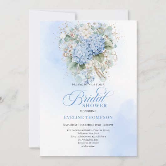 Elegant Boho Blue Hydrangea Gold Bridal Invitation Einladung (Vorderseite)