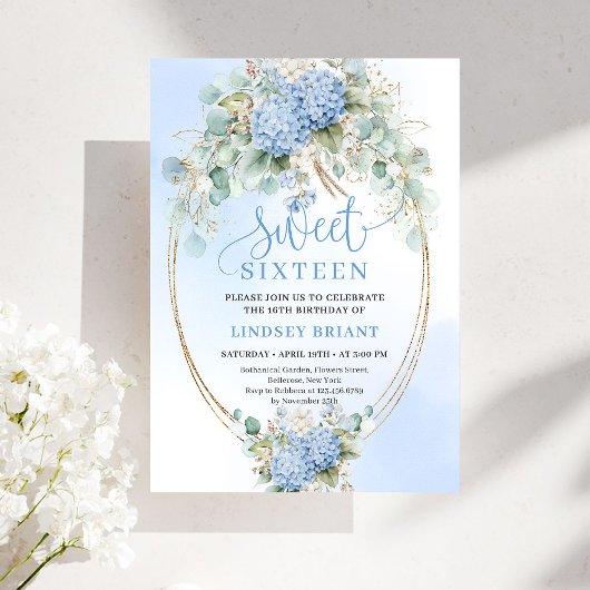 Elegant Boho Blue Hydrangeas Sweet Sixteen Invite Einladung