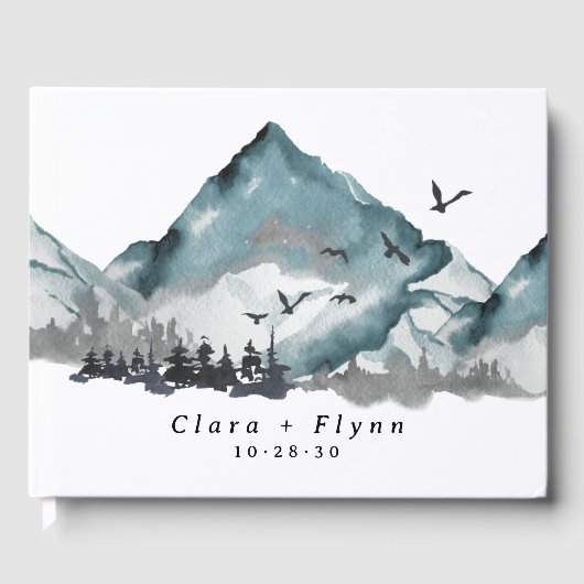 Elegant Boho Blue Mountain Forest Wedding Gästebuch (Vorderseite)