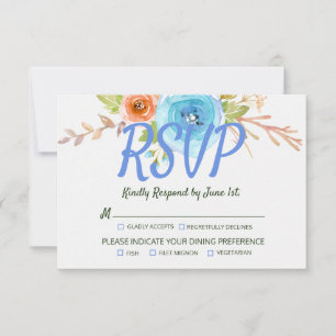 Elegant Boho Blue Peach Rose Blumenhochzeit RSVP Karte