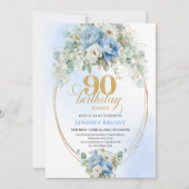 Elegant Boho Blue Peonies 90th Birthday Invitation Einladung (Vorderseite)
