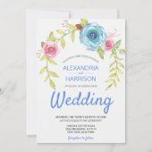 Elegant Boho Blue Pink Rose Blumenstrauß Hochzeit Einladung (Vorderseite)