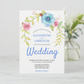 Elegant Boho Blue Pink Rose Blumenstrauß Hochzeit Einladung (Stehend Vorderseite)