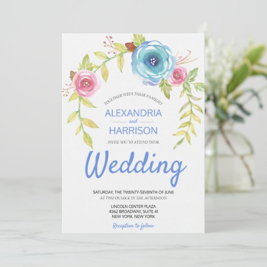 Elegant Boho Blue Pink Rose Blumenstrauß Hochzeit Einladung (Stehend Vorderseite)