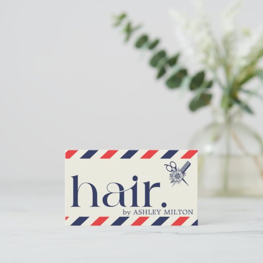 Elegant Boho Blue Red Scissors Hair Stylist Visitenkarte (Stehend Vorderseite)