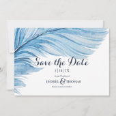 Elegant Boho Blue Watercolor Abstrakt Feather Save The Date (Vorderseite)