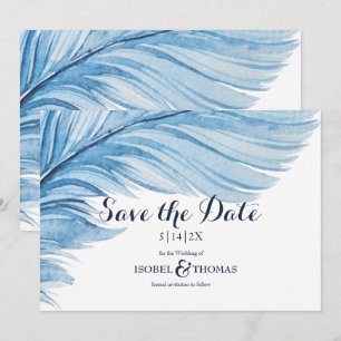 Elegant Boho Blue Watercolor Abstrakt Feather Save The Date