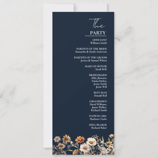 Elegant Boho Blue Wildblume Wedding Program Card Einladung (Rückseite)