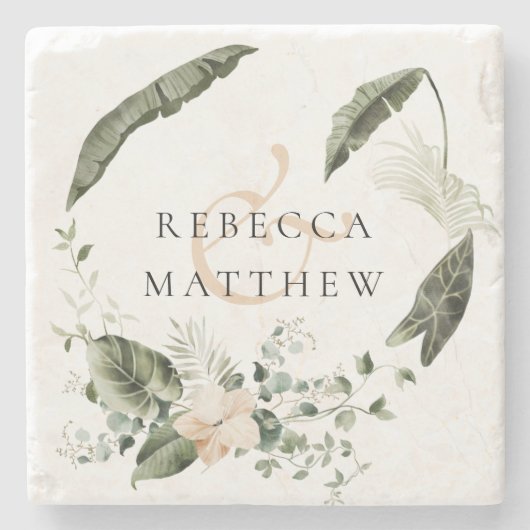 Elegant Boho Blumengrün Hochzeit Steinuntersetzer (Vorderseite)