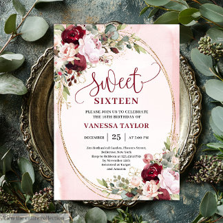 Elegant Boho Blush Burgundy Floral Sweet Sixteen Einladung