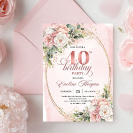 Elegant Boho Blush Floral 40th Birthday Invitation Einladung
