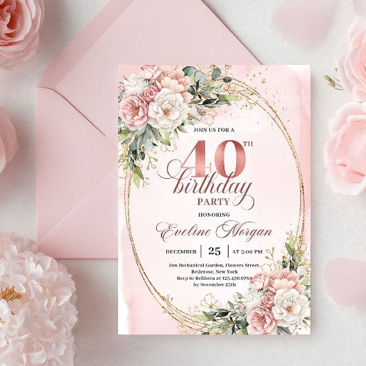 Elegant Boho Blush Floral 40th Birthday Invitation Einladung