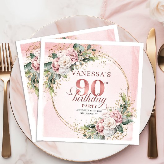 Elegant Boho Blush Pink Floral 90th Birthday Party Serviette