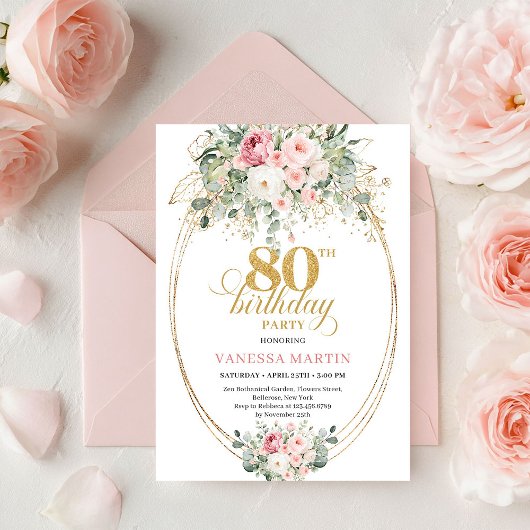 Elegant Boho Blush Roses 80th Birthday Invitation  Einladung