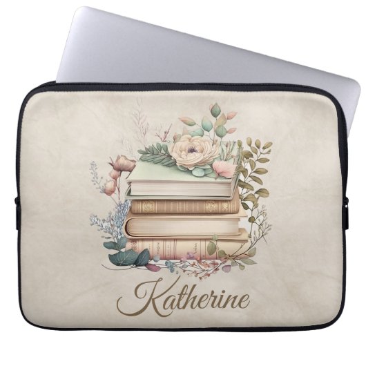 Elegant Boho Book Stack Floral Name Laptopschutzhülle (Vorderseite)
