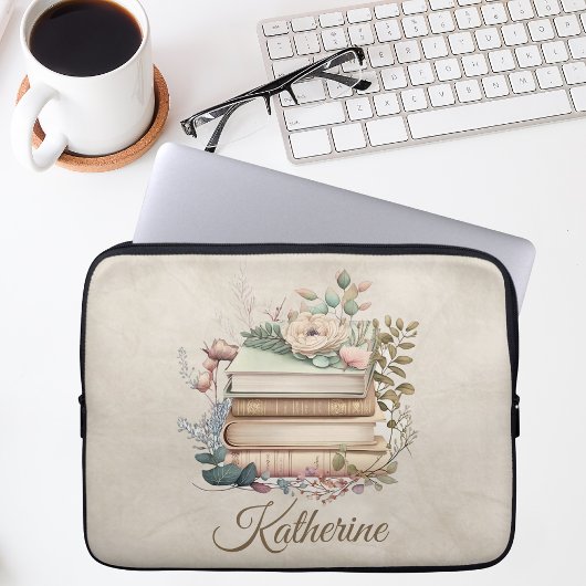 Elegant Boho Book Stack Floral Name Laptopschutzhülle