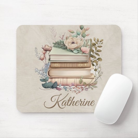 Elegant Boho Book Stack Floral Name Mousepad (Mit Mouse)
