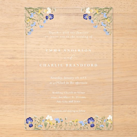 Elegant Boho Botanische Wildblumen Skript Hochzeit Acryleinladungen (Vorderseite)