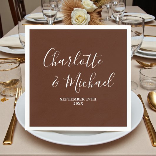 Elegant Boho Brown Script Minimalist Wedding Serviette