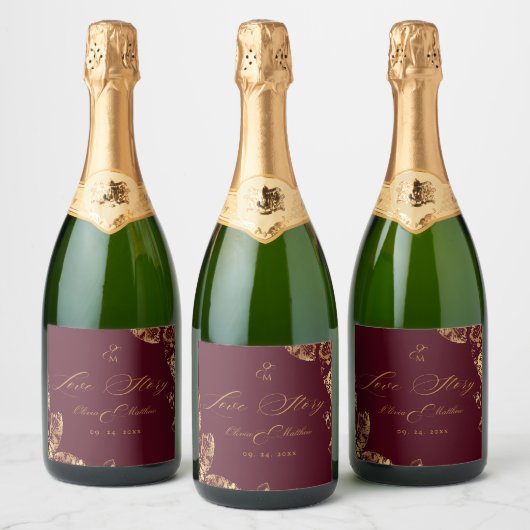Elegant Boho | Burgund Gold Herbsthochzeit Schaumweinetikett (Flaschen)