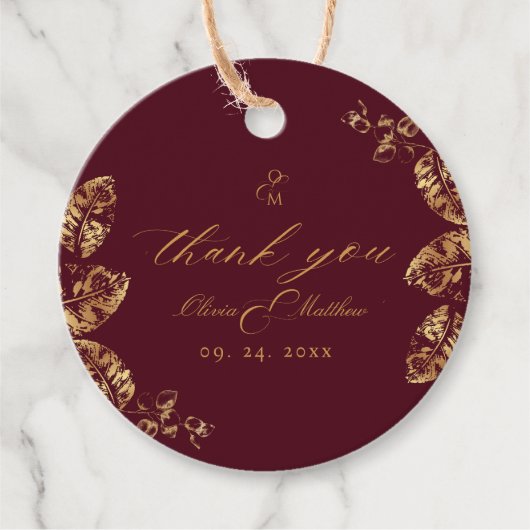 Elegant Boho | Burgund und Gold Herbsthochzeit Geschenkanhänger (Vorderseite)