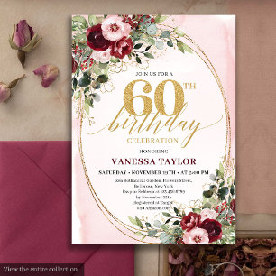 Elegant Boho Burgunder Gold Blumen 60. Geburtstag Einladung