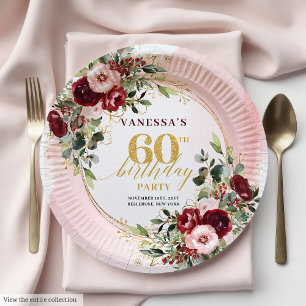 Elegant Boho Burgunder Gold Blumen 60. Geburtstag Pappteller