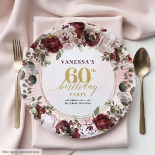 Elegant Boho Burgunder Gold Blumen 60. Geburtstag Pappteller