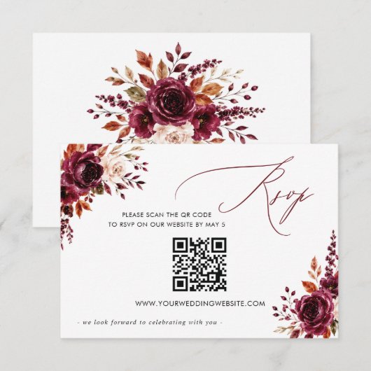 Elegant Boho Burgunder Herbst Blumen QR CODE RSVP Karte (Vorne/Hinten)