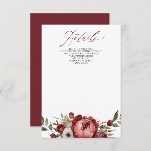Elegant Boho Burgundy Blush Floral Wedding Begleitkarte (Vorne/Hinten)