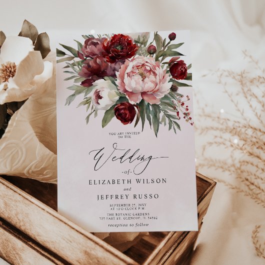 Elegant Boho Burgundy Blush Floral Wedding Einladung