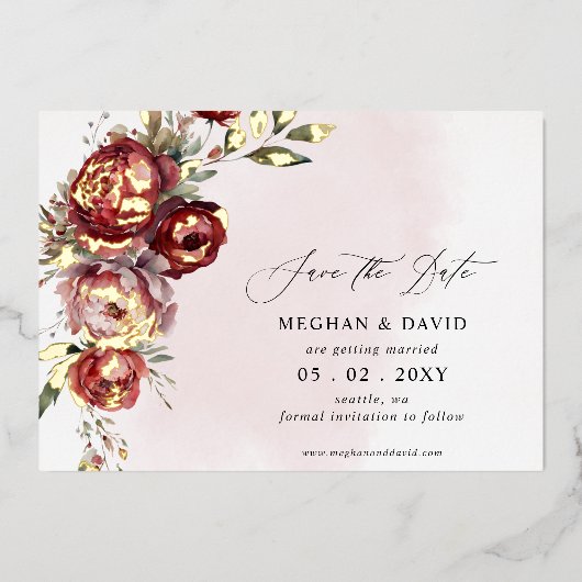 Elegant Boho Burgundy Blush Floral Wedding Folieneinladung (Vorderseite)