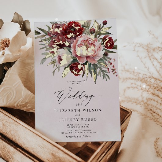 Elegant Boho Burgundy Blush Floral Wedding Folieneinladung