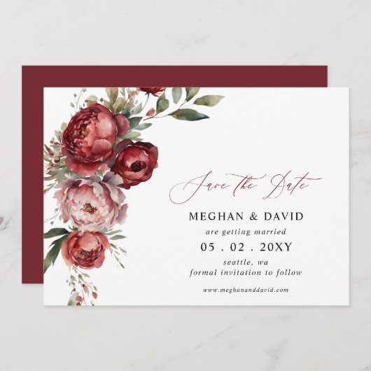 Elegant Boho Burgundy Blush Floral Wedding Save The Date (Vorne/Hinten)