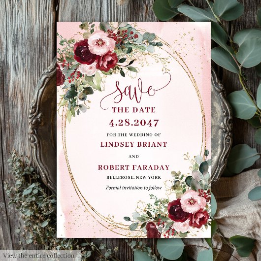 Elegant Boho Burgundy Blush Gold Floral Save Date Einladung