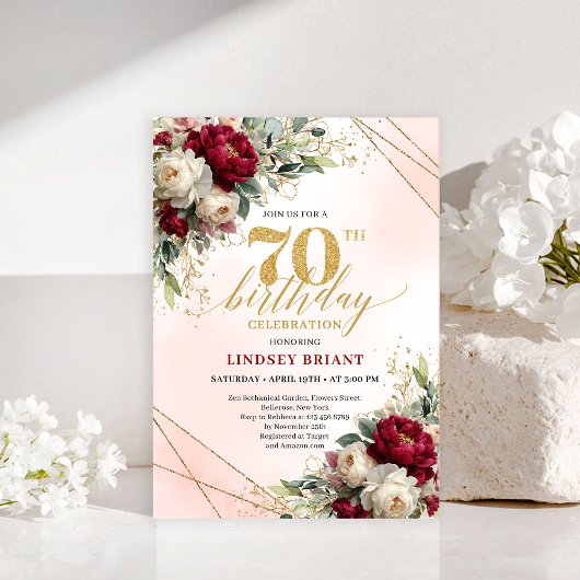 Elegant Boho Burgundy Floral 70th Birthday Invite Einladung