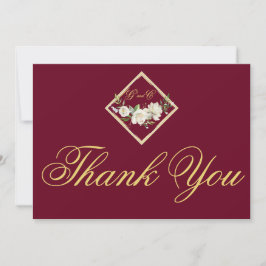 Elegant Boho Burgundy Floral Gold Wedding Monogram Dankeskarte