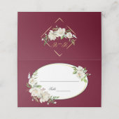 Elegant Boho Burgundy Floral Gold Wedding Monogram Platzkarte (Außenseite Aufgefaltet)