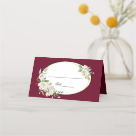 Elegant Boho Burgundy Floral Gold Wedding Monogram Platzkarte
