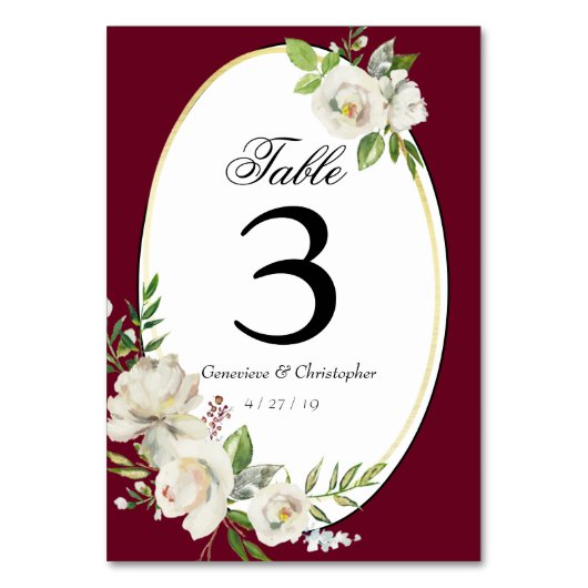Elegant Boho Burgundy Floral Wedding Reception Tischnummer (Vorderseite)