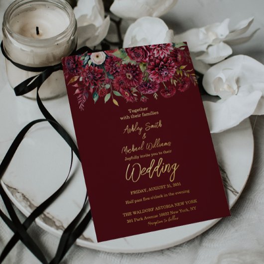 Elegant Boho Burgundy Formal Floral Wedding Folieneinladung